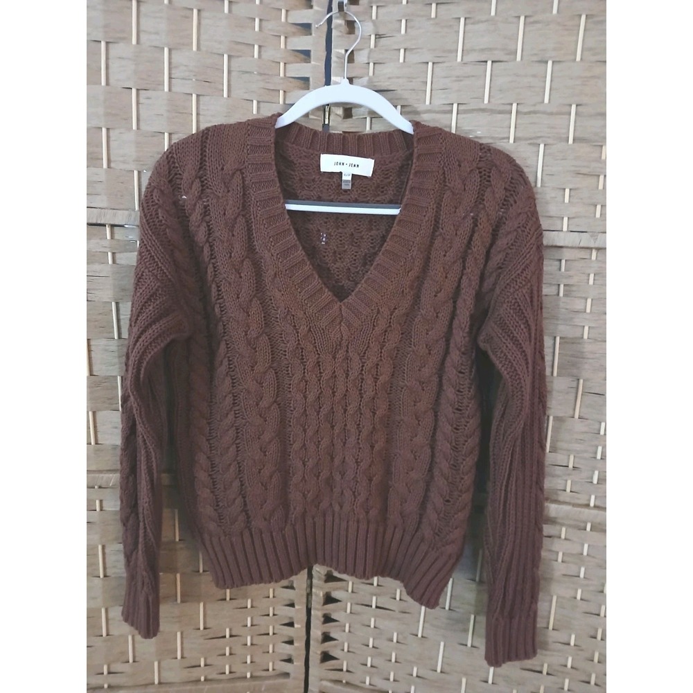 John +Jenn Women's Cotton Oversized Cable Knit Sweater Brown Sz  XS